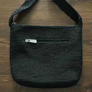 Vintage The Sak Black Crochet Shoulder Bag Sleek Everyday Handbag Y2K Boho